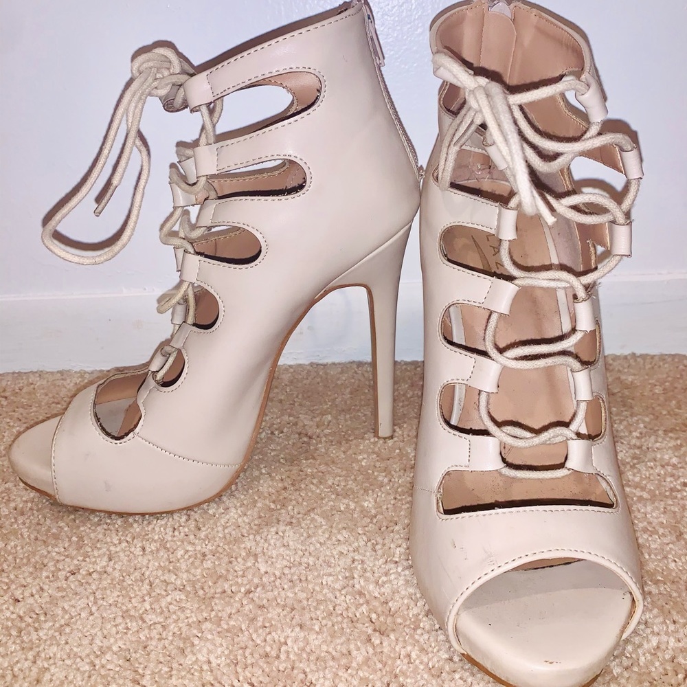 Lace Up Peep Toe Heels Nude - SIZE 9